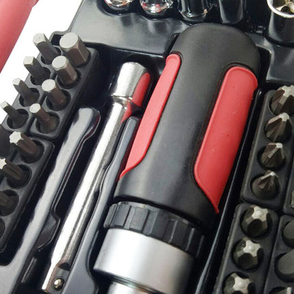 Screwdriver set with various bits on a white background