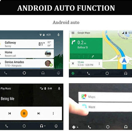 A 2x2 collage showing Android Auto function screens: weather, navigation map, music player, and a hand touching a Google Maps/Waze contact list. Large text at the top reads 'ANDROID AUTO FUNCTION'.