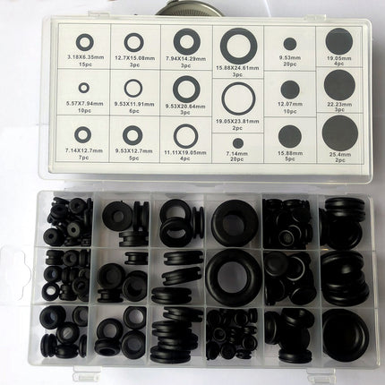 Assortment of black rubber gaskets in a clear plastic case with measurement chart on a white background