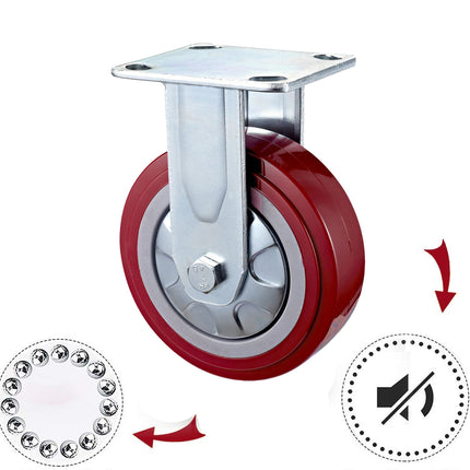 A red and silver caster wheel with a metal mounting plate, shown on a white background with feature callout arrows and icons indicating ball bearings and a noise-reducing design.