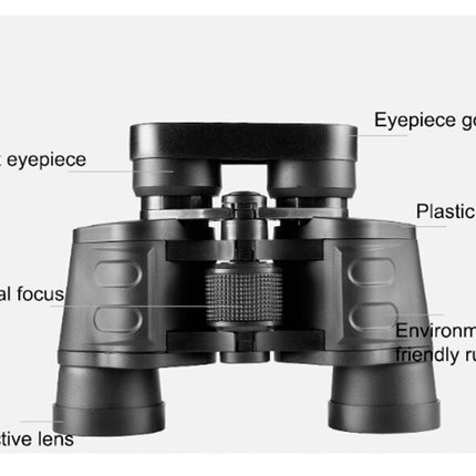 Black binoculars with labeled parts on a white background