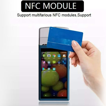 Smartphone with NFC module and a hand holding a blue card on a white background