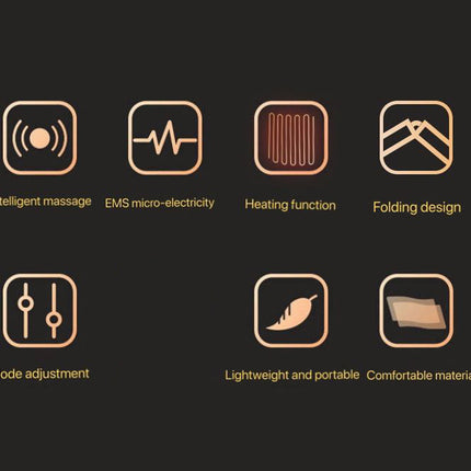 A dark promotional graphic showing six feature icons with text labels: Intelligent massage, EMS micro-electricity, Heating function, Folding design, Mode adjustment, Lightweight and portable, and Comfortable material.