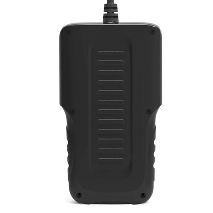 A black rugged handheld electronic device with a textured back panel and a cable connected at the top, shown against a plain white background.