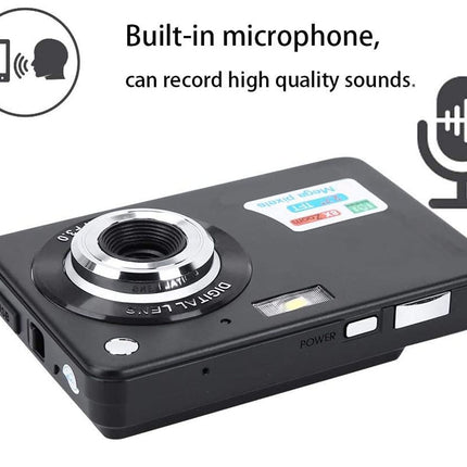 Black camera with built-in microphone and text on a white background