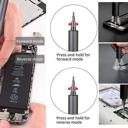 A collage showing a smartphone repair screwdriver in use, with labeled diagrams explaining forward and reverse modes and several inset photos of the tool working on a phone, battery, glasses, and a hard drive.