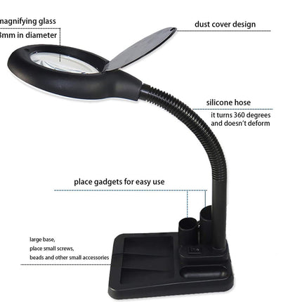 Black magnifying lamp with features labeled on a white background