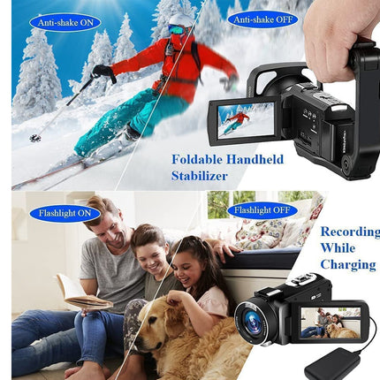 Video camera with features highlighted on a snowy landscape and family scene.