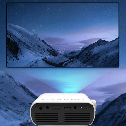 Projector displaying a mountain landscape on a screen with a snowy mountain background
