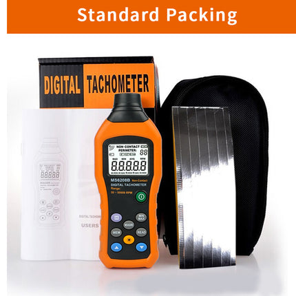 An orange and black digital tachometer shown with its retail box, manual, reflective metal strip, and black carrying case on a white background, under a banner reading 'Standard Packing'.