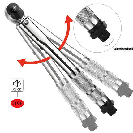 Mechanical torque wrench with adjustable head and click stop feature on a white background