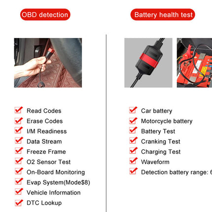 Technical specifications of a diagnostic tool for car and motorcycle batteries with images and text.