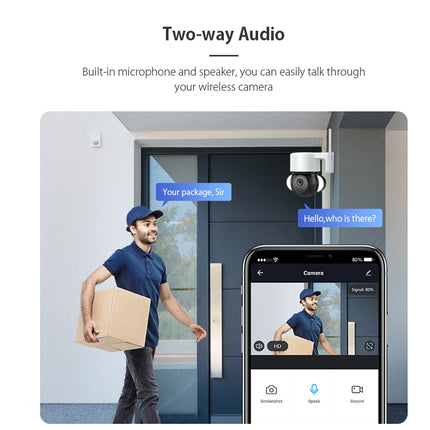 Promotional graphic for a wireless security camera showing a delivery person carrying a box at a door, with a smartphone screen displaying the camera feed and text bubbles indicating two-way audio and messaging.