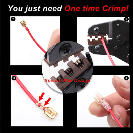 Crimp tool with step-by-step instructions on how to use it.