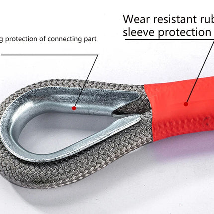 Close-up of a metal hook with braided gray protective wrapping and a red rubber sleeve, with callout text labels pointing to metal ring protection and wear resistant rubber sleeve protection.