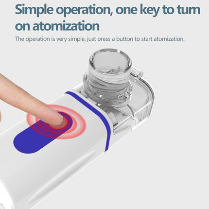 Hand pressing a button on a clear device with text about atomization