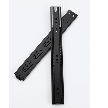 Two black metal drawer slides on a white background