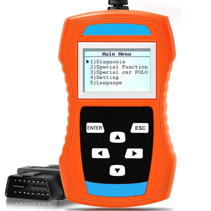 Orange diagnostic tool with a screen displaying a menu on a white background