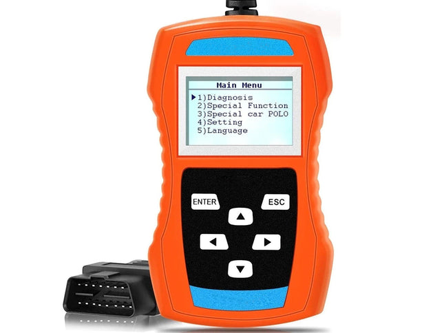 Orange diagnostic tool with a screen displaying a menu on a white background