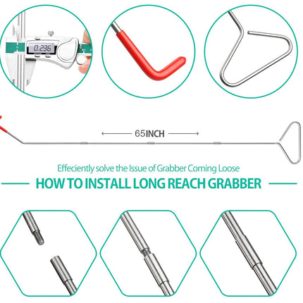 Instructional graphic for installing a long reach grabber, featuring three circular close-ups at the top showing a digital caliper measuring the grabber, a red handle section, and the metal hook. A line drawing of the grabber is shown with a 65-inch measurement label, and three hexagonal close-ups at the bottom detail the connector threads.