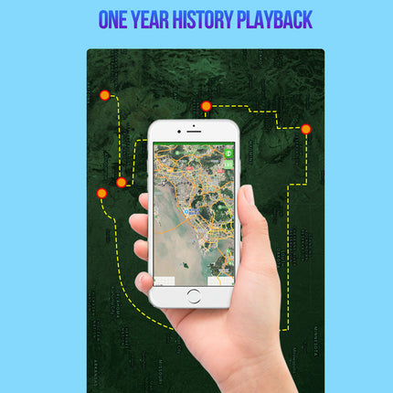 Hand holding a smartphone with a map displayed, set against a blue background with 'One Year History Playback' text.