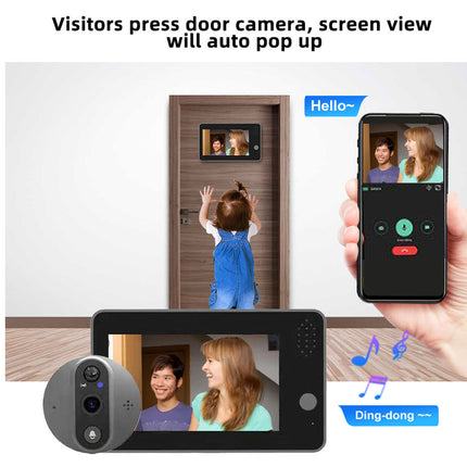 Smart doorbell system with screen displaying video feed and smartphone app interface.