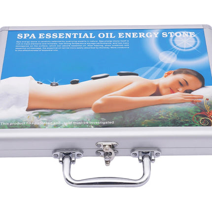 Silver suitcase with a promotional image of a person receiving a massage and text about spa essential oil energy stone on a white background.
