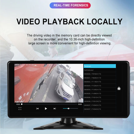 Display of video playback locally on a screen with text about real-time forensics.