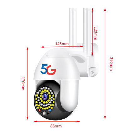 White security camera with 5G logo and dimensions on a white background