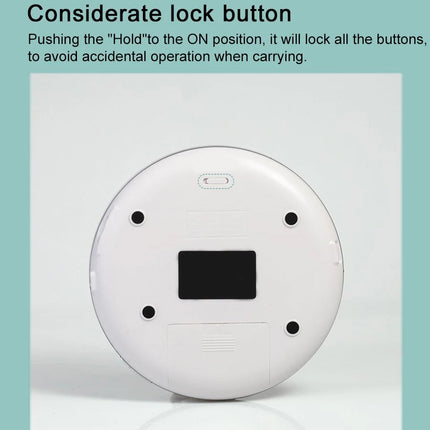 A white round robotic vacuum cleaner shown from the bottom, with a black central screen area and small black feet around it. Above the product, text reads, 'Considerate lock button' and explains locking all buttons by pushing a hold button.