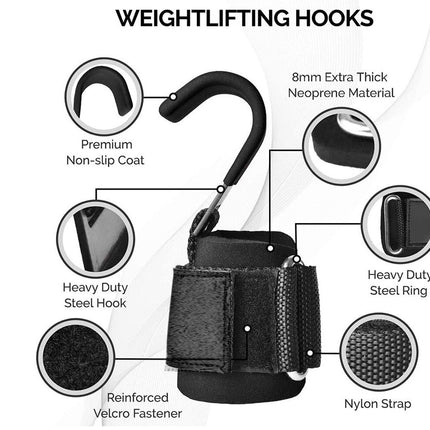 Weightlifting hooks with features highlighted on a white background
