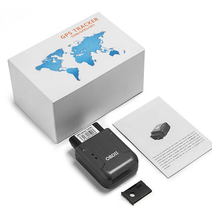 A black GPS tracker device shown with its white product box, a small black mounting piece, and an instruction card on a clean white background.