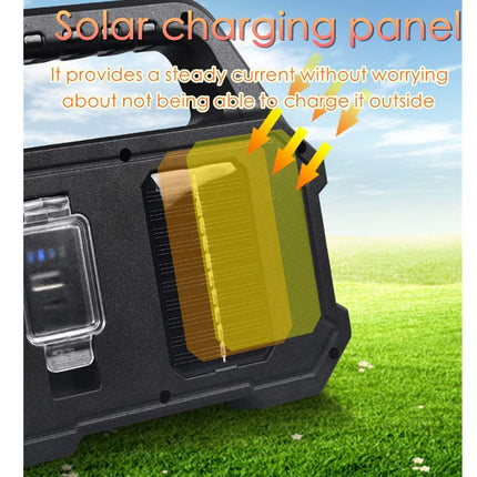 Solar charging panel on a device with grass and sky background