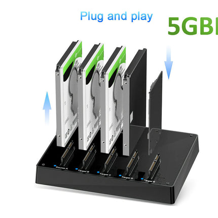 HDD docking station with four hard drives, labeled 'Plug and play' and '5GBPS'.