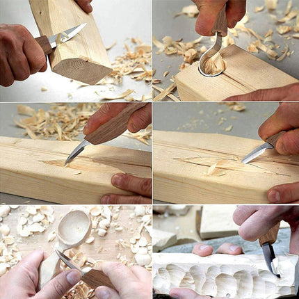 A six-panel collage demonstrating a wood carving knife in use, showing hands shaping wood blocks and creating wood shavings on a workbench.
