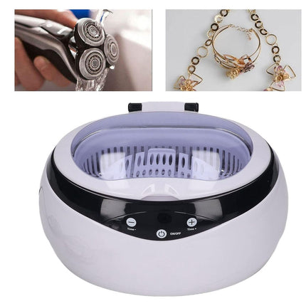 Jewelry cleaner with close-up insets of a razor and jewelry on a white background