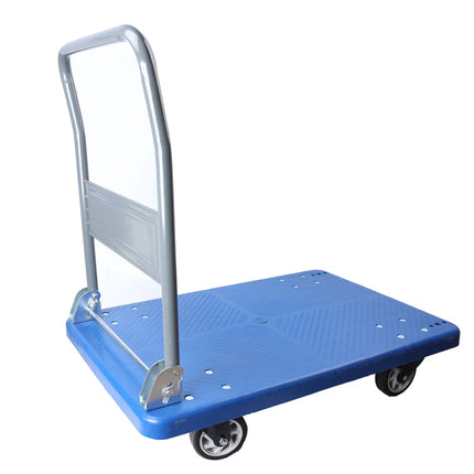 Blue hand truck with a metal handle on a white background