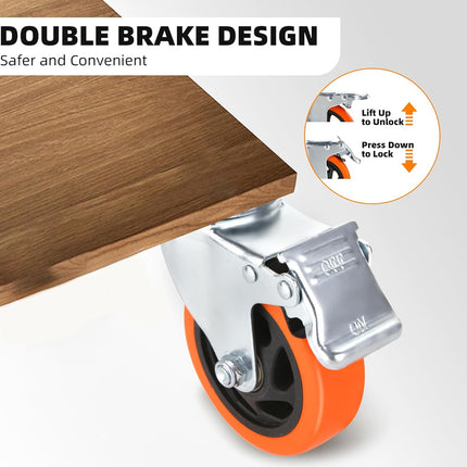 Table leg with double brake design featuring an orange wheel on a gray background.