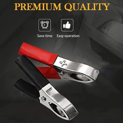 Car jump starter clamps with 'Premium Quality' text and icons on a dark background