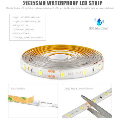 2835SMD waterproof LED strip with specifications on a white background