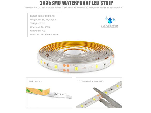2835SMD waterproof LED strip with specifications on a white background