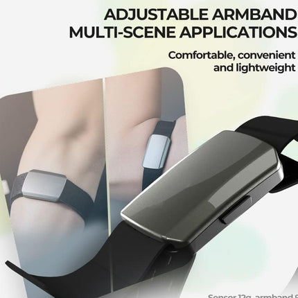 Adjustable armband with text about multi-scene applications, comfort, convenience, and light weight.