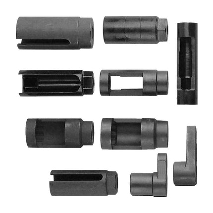 A set of dark gray metal cylindrical components with various cutouts, slots, and threaded ends, arranged neatly on a solid white background.