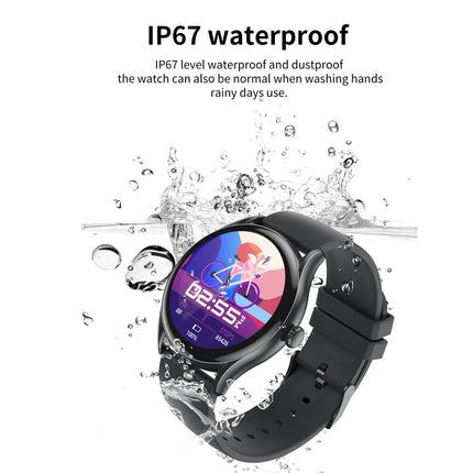 Smartwatch with water splashes around it, emphasizing IP67 waterproof feature.