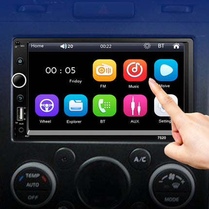 Car dashboard with a touchscreen display and hand interacting with it