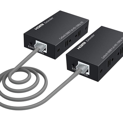 Two black HDMI extenders with a gray cable connecting them on a white background.