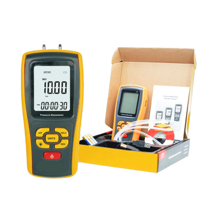 Digital pressure meter with packaging on a white background