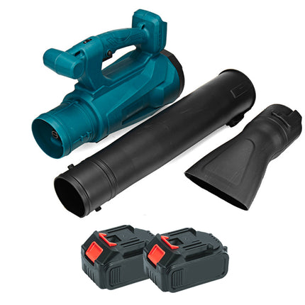 Blue handheld vacuum cleaner with black attachments and batteries on a white background