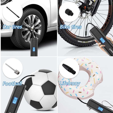 A 2x2 collage showing a portable electric air pump with different use cases: inflating a car tire, a bicycle tire, a football, and a lifebuoy. The pump is black with a blue digital display screen.