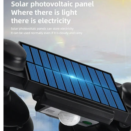 Solar photovoltaic panel with text 'Where there is light, there is electricity' on a blurred outdoor background.